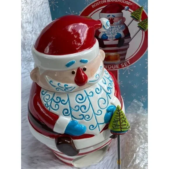 NIB NEW Boston Warehouse 7 PC HO HO HO Ceramic Santa Clause Fondue Set - Picture 14 of 14